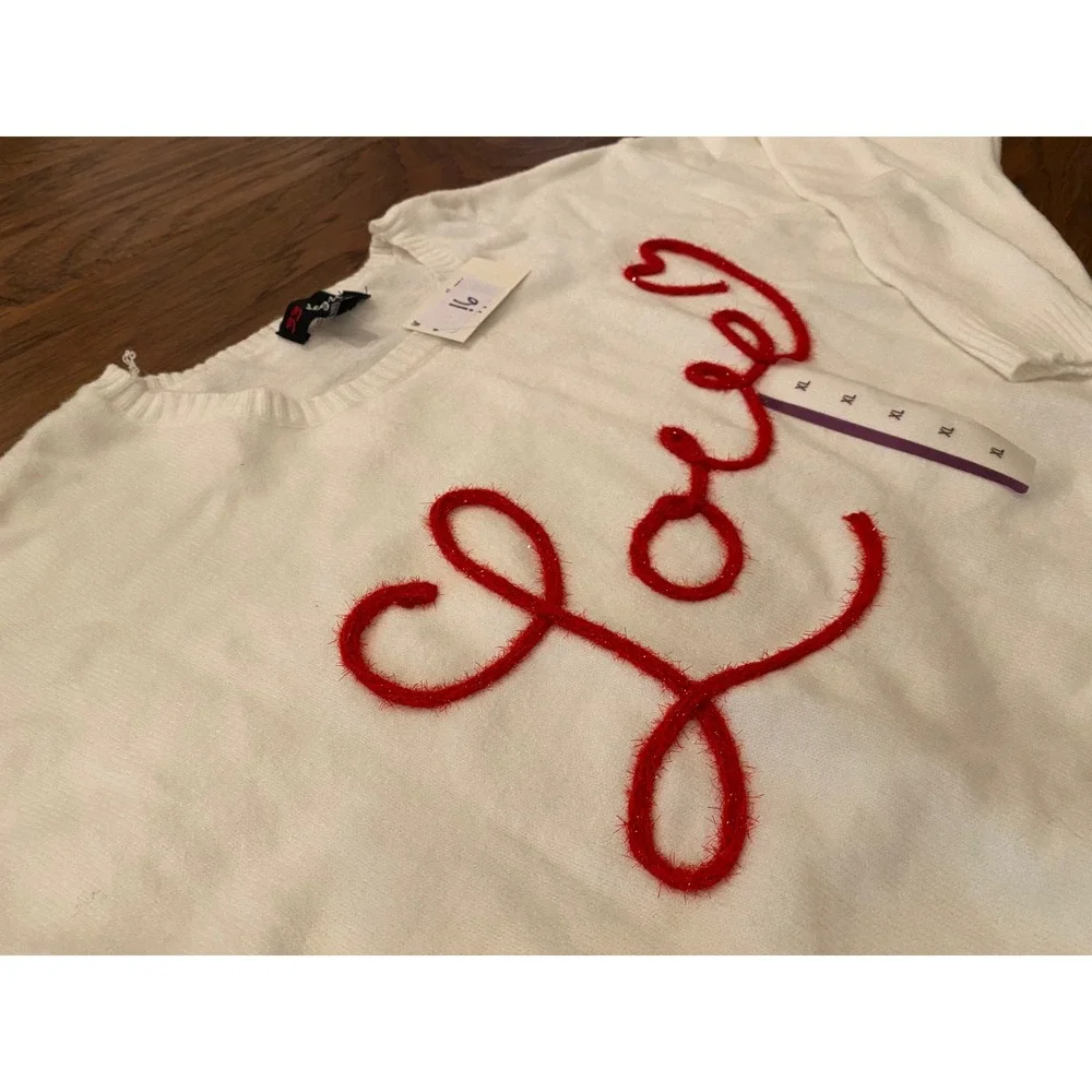 33 Degrees Womens White Love Heart Embroidered Crewneck Sweater XL New
